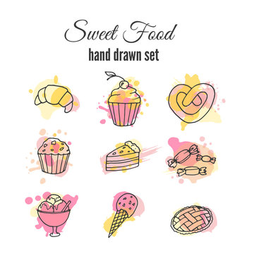 Vector cake illustration. Set of hand drawn sweets with colorful watercolor splashes. Cupcakes with cream and berries