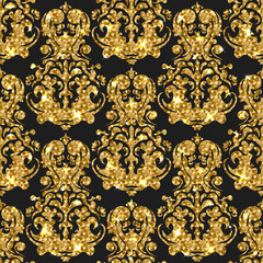 Golden gritter seamless pattern. Vector background with damask ortaments. 