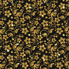 Vector seamless damask pattern with flowers. Golden glitter pattern design. Gold floral background.