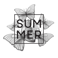 Butterflies. Summer. Stipple illustration with space for text. Vector illustration
