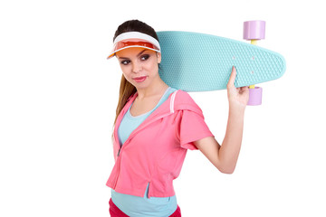 Young woman with skating board isolated