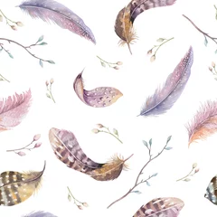 Abwaschbare Fototapete Aquarellfedern Federn wiederholendes Muster. Aquarellhintergrund mit nahtlosem