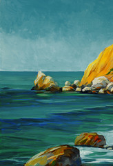 Plakaty  marine beach before a rain, painting by oil on a canvas, illustr