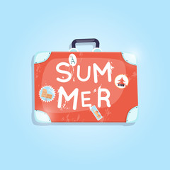 Vintage suitcase with stickers summer holiday, travel suitcase, summer vacation, time to travel, travel-ling on holiday journey. Vector illustration flat design.