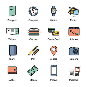 Travel Icons Collection 1. Basic accessories for travel. (See also other icons and banners from this series)