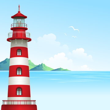 Blue sea background with waves and lighthouse. Vector Illustration