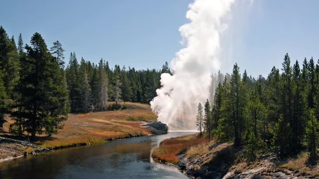 Riverside Geyser erupting in Yellowstone National Park