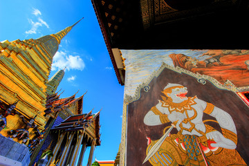 Public royal temple with wall paintinig on sunny day