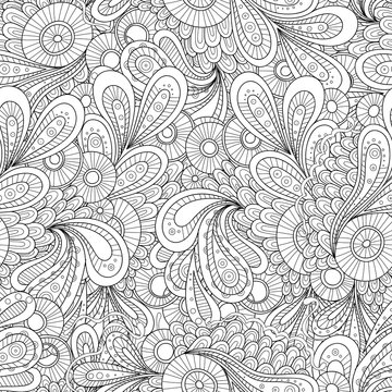 Vector doodle wavy seamless pattern. Hand drawn black and white zentangle style vector background.
