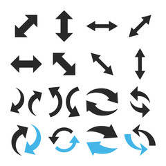 Exchange Arrows vector icon set. Collection style is bicolor blue and gray flat symbols on a white background.