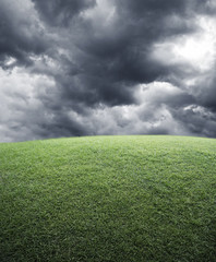 Green grass field with dark storm clouds before rain