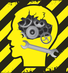 Male head under construction.
Human Head silhouette on the construction sign background with broken gear symbolizing psychological and psychiatric troubles. Vector available.