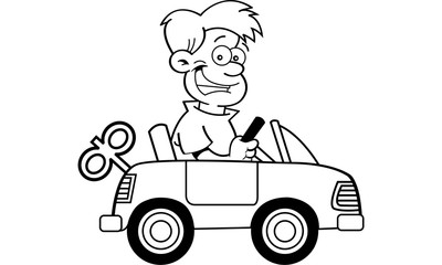Black and white illustration of a boy driving a toy car.