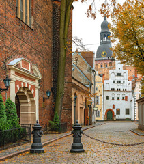 Medieval church and buildings in old Riga city, Latvia