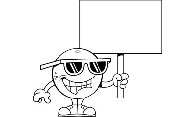 Black and white illustration of an orange holding a sign.