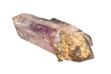 Transparent medium purple amethyst quartz crystal isolated on white background.