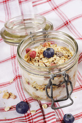 diet weight loss breakfast, healthy food with muesli , strawberry and blueberry