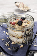 diet weight loss breakfast, healthy food with muesli , strawberry and blueberry