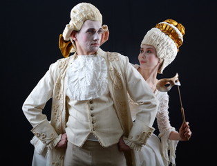 actor and actress in period costume and wigs at the ball - obrazy, fototapety, plakaty