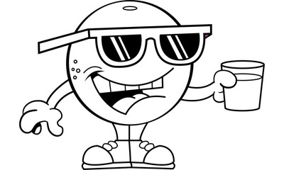 Black and white illustration of an orange wearing sunglasses and holding a glass
