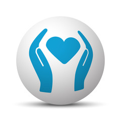 Blue Heart care icon on sphere on white background