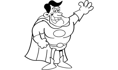 Black and white illustration of a superhero waving.