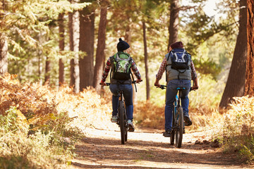 Couple mountain biking through forest, back view full length