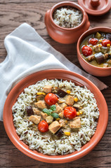 Thai green chicken curry with mix of white and wild rice