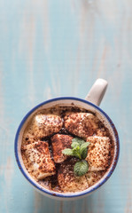 Cup of cocoa with marshmallows and cocoa powder