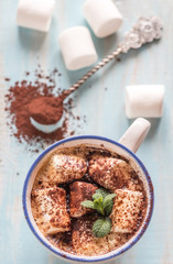 Cup of cocoa with marshmallows and cocoa powder