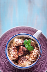 Cup of cocoa with marshmallows and cocoa powder