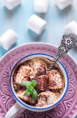 Cup of cocoa with marshmallows and cocoa powder
