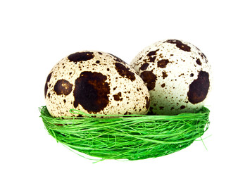 Obraz premium Quail eggs in a green nest on white background