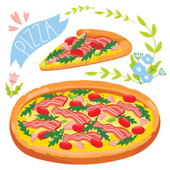 Slice of bacon pizza isolated on white background, vector illustration.