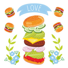 Hamburger ingredients isolated on white background, cartoon style.