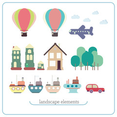 Elements for landscape. Ship, balloon, plane, buildings, trees,