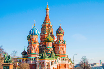     Roofs and cupolas of St Basil Cathedral (Intersession cathedral, Pokrovsky Cathedral) in Moscow, Russian Federation, city skyline 
