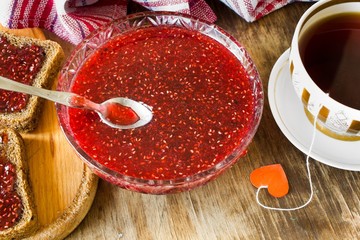  raspberry jam and a slice of black bread