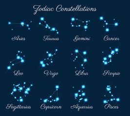 Zodiac stars. Zodiac constellations vector. Leo and Virgo, Scorpio and Libra, Aquarius and Sagitarius