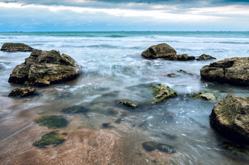 Long exposure shot of rocky coast