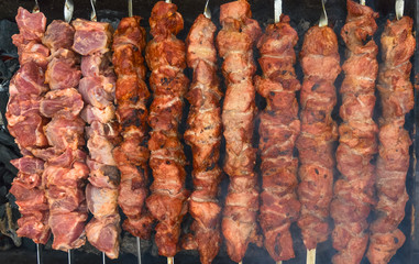 Appetizing pieces of kebabs on skewers cooked on the coals