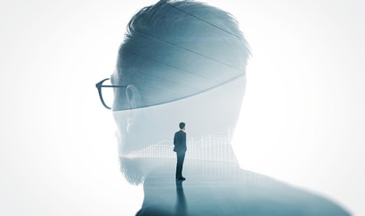 Photo of modern bearded banker wearing glass isolated white. Double exposure stylish adult...