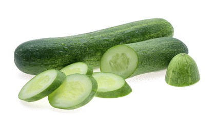 Wet cucumber isolated on white background.