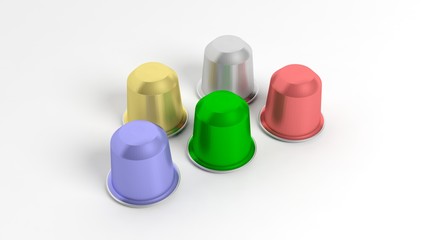 Colorful coffee capsules, isolated on white background.