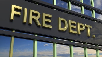 Obraz premium Fire Department building sign closeup, with sky reflecting in the glass.