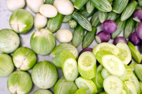 Cucumber, eggplant, aubergine and brinal