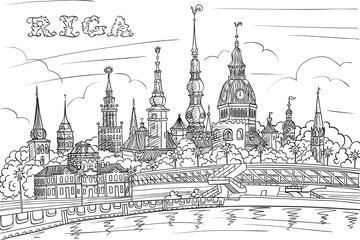 Vector Black and white hand drawing, sketch of Old Town and River Daugava, Riga, Latvia