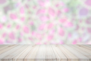 Empty top view of wooden table or counter on colorful bokeh back