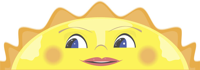 Peeking cartoon sun, smiling sun. Vector illustration.