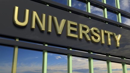 University building sign closeup, with sky reflecting in the glass.